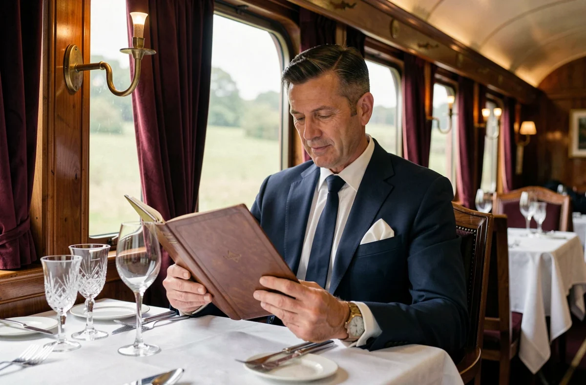 Passager en costume élégant consultant le menu dans le wagon-restaurant de l'Orient Express, décor art déco en bois et velours