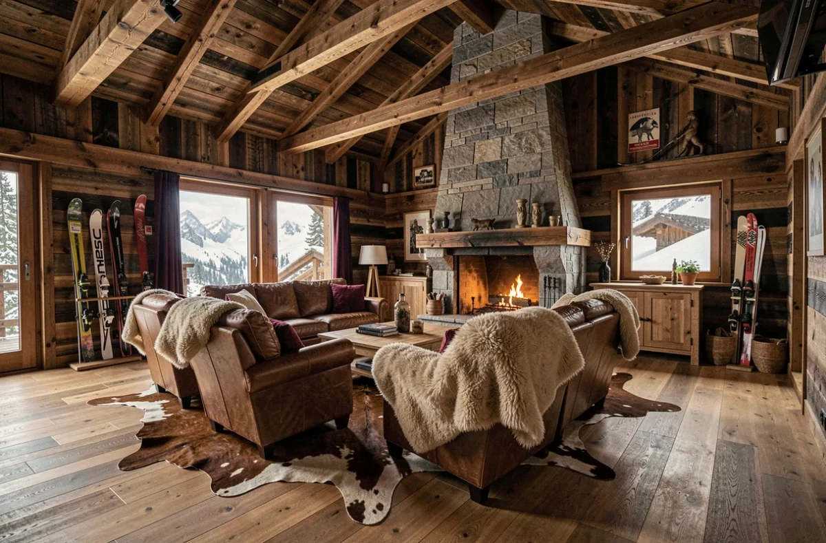 Salon chaleureux du Zannier Le Chalet à Megève avec poutres en bois massif, cheminée en pierre et mobilier en cuir
